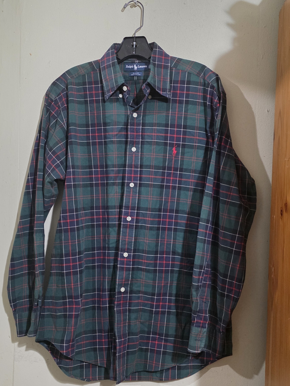 Ralph Lauren Dark Green Plaid Button-Down Shirt with Red Logo Used Size S